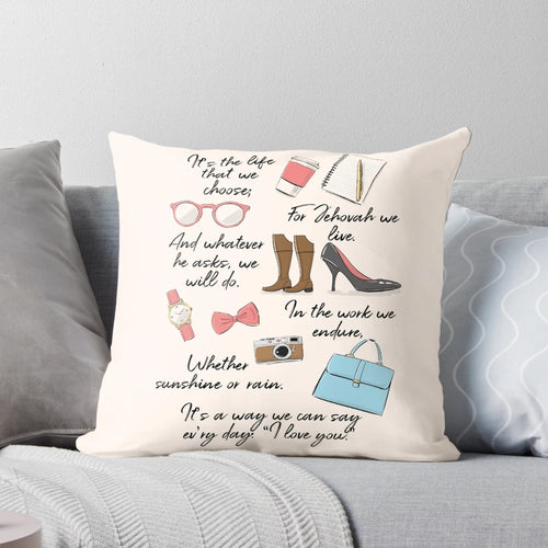 "A cozy pillow featuring an inspirational design for Jehovah's Witnesses, celebrating the life of a pioneer"
