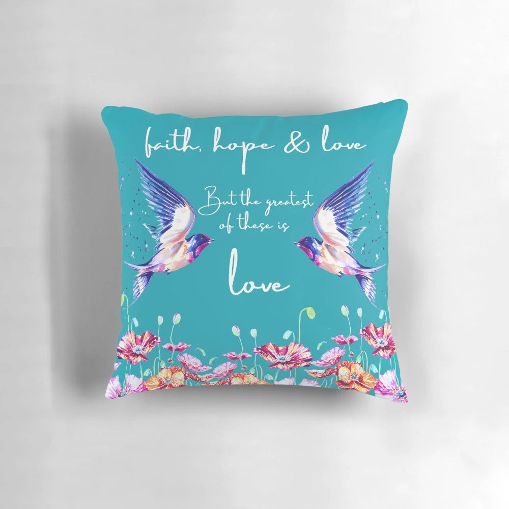 Inspirational throw pillow featuring a heartwarming Bible verse about love
