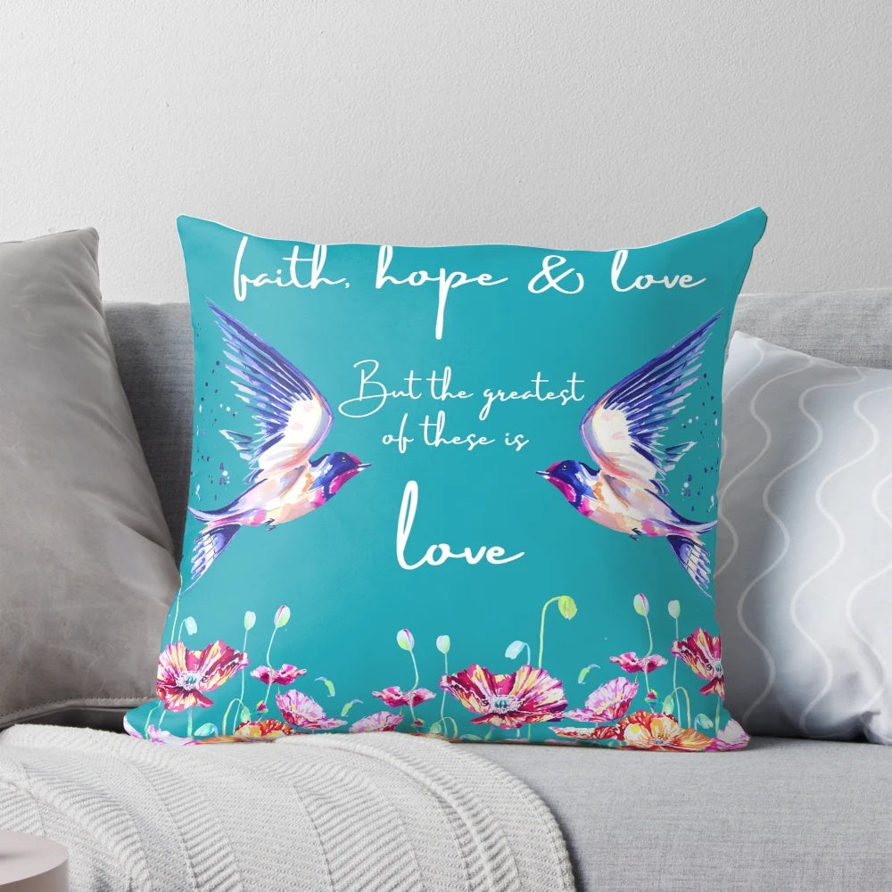 Inspirational throw pillow featuring a heartwarming Bible verse about love