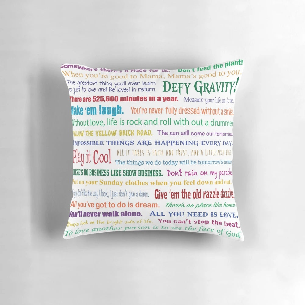 Soft, embroidered pillow featuring a design about the lessons learned from musicals and the performing arts.