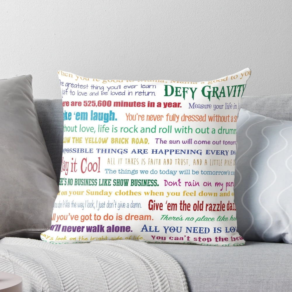 Soft, embroidered pillow featuring a design about the lessons learned from musicals and the performing arts.