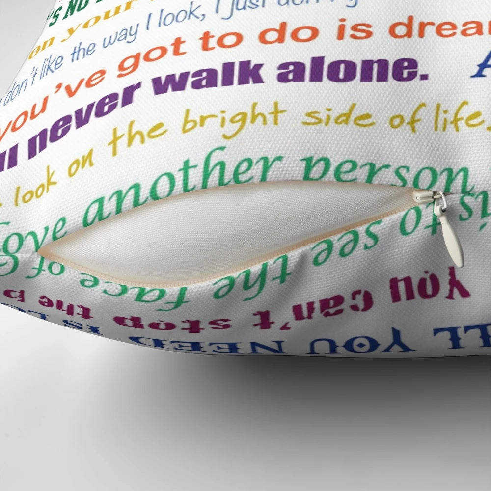 Soft, embroidered pillow featuring a design about the lessons learned from musicals and the performing arts.