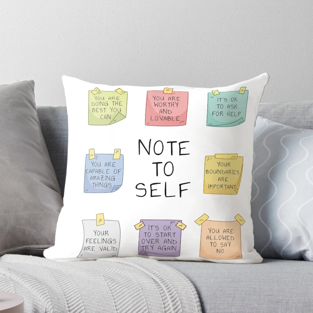 Pillow with the words "Note to Self" and mental health-related phrases like "self-love," "self-care," and "be kind to yourself
