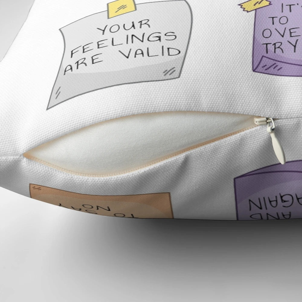Pillow with the words "Note to Self" and mental health-related phrases like "self-love," "self-care," and "be kind to yourself