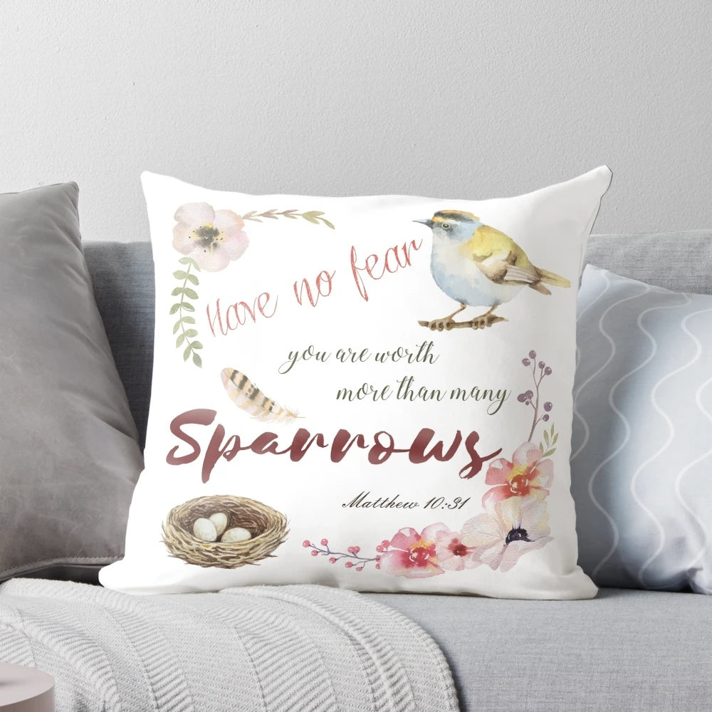 Inspirational pillow with the Bible verse "You are worth more than many sparrows"