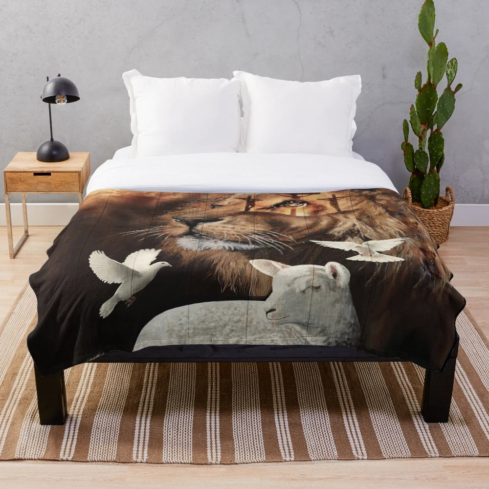Plush blanket featuring the Lion of Judah and the Lamb of God