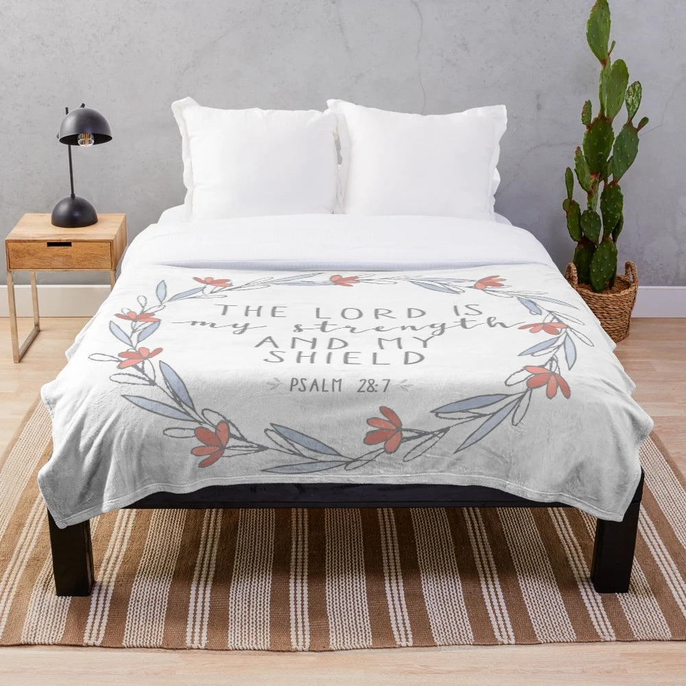 Plush blanket with Psalm 28:7 and floral design