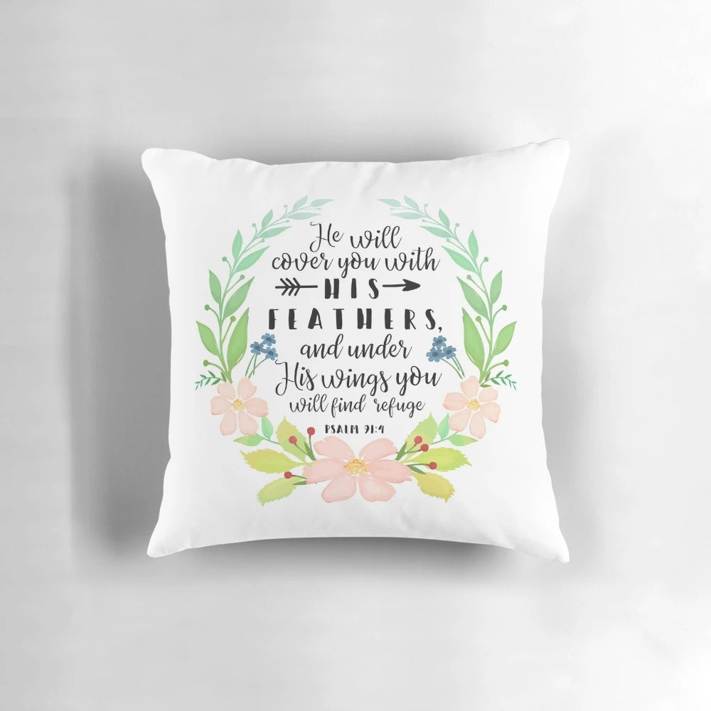 Soft, comfortable pillow featuring the inspiring Bible verse "He will cover you with his feathers" from Psalm 91:4.