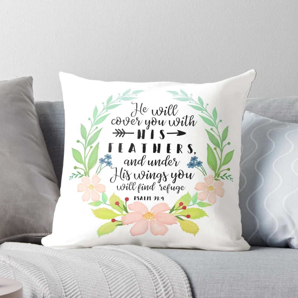 Soft, comfortable pillow featuring the inspiring Bible verse "He will cover you with his feathers" from Psalm 91:4.