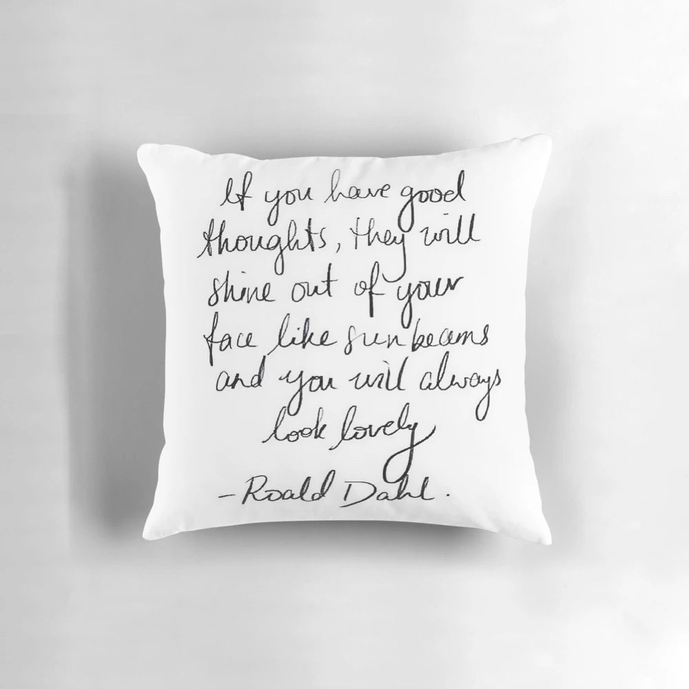 Soft, plush pillow featuring a Roald Dahl inspired quote in a stylish tumblr-inspired design.