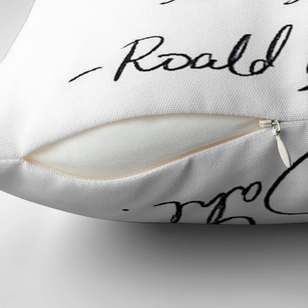 Soft, plush pillow featuring a Roald Dahl inspired quote in a stylish tumblr-inspired design.