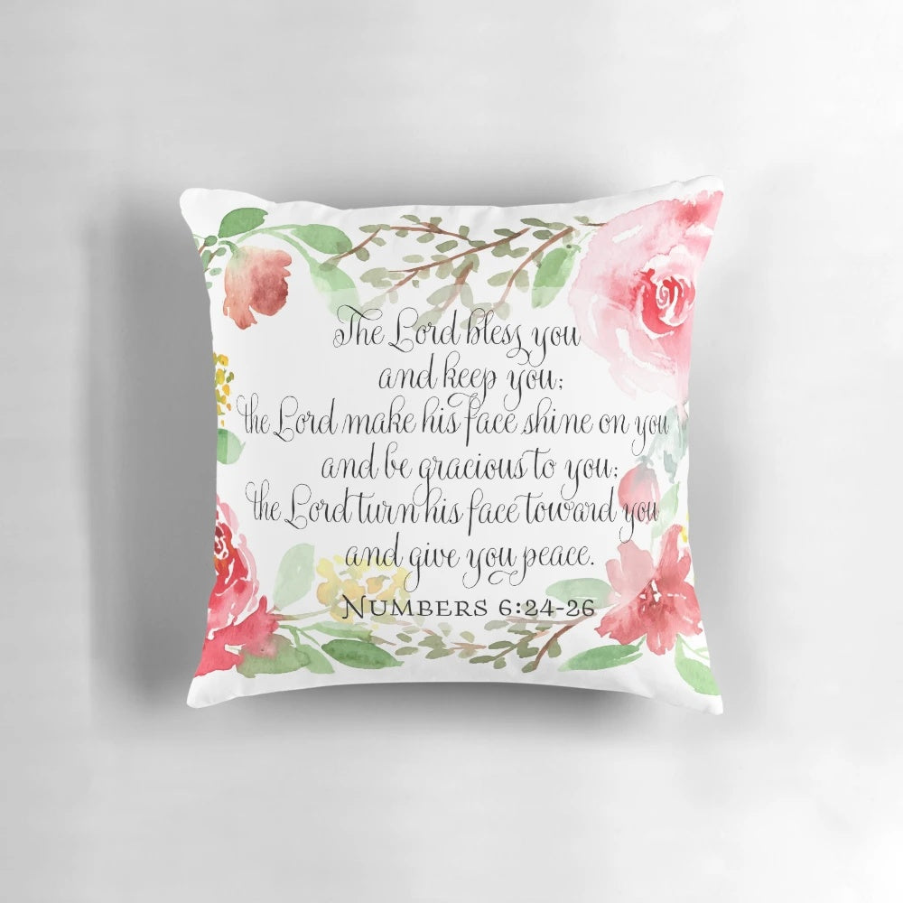Inspirational scripture art pillow featuring the Bible verse "The Lord bless you and keep you" from Numbers 6:24-26