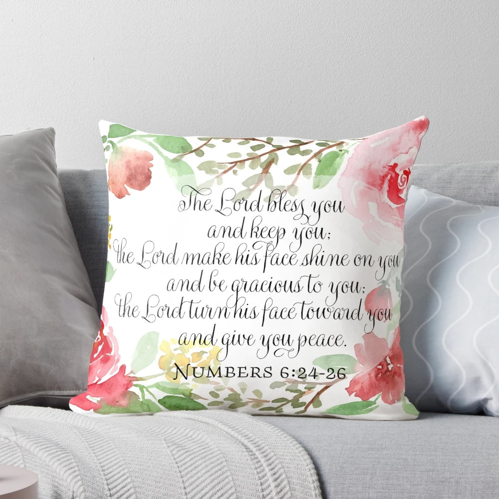 Inspirational scripture art pillow featuring the Bible verse "The Lord bless you and keep you" from Numbers 6:24-26