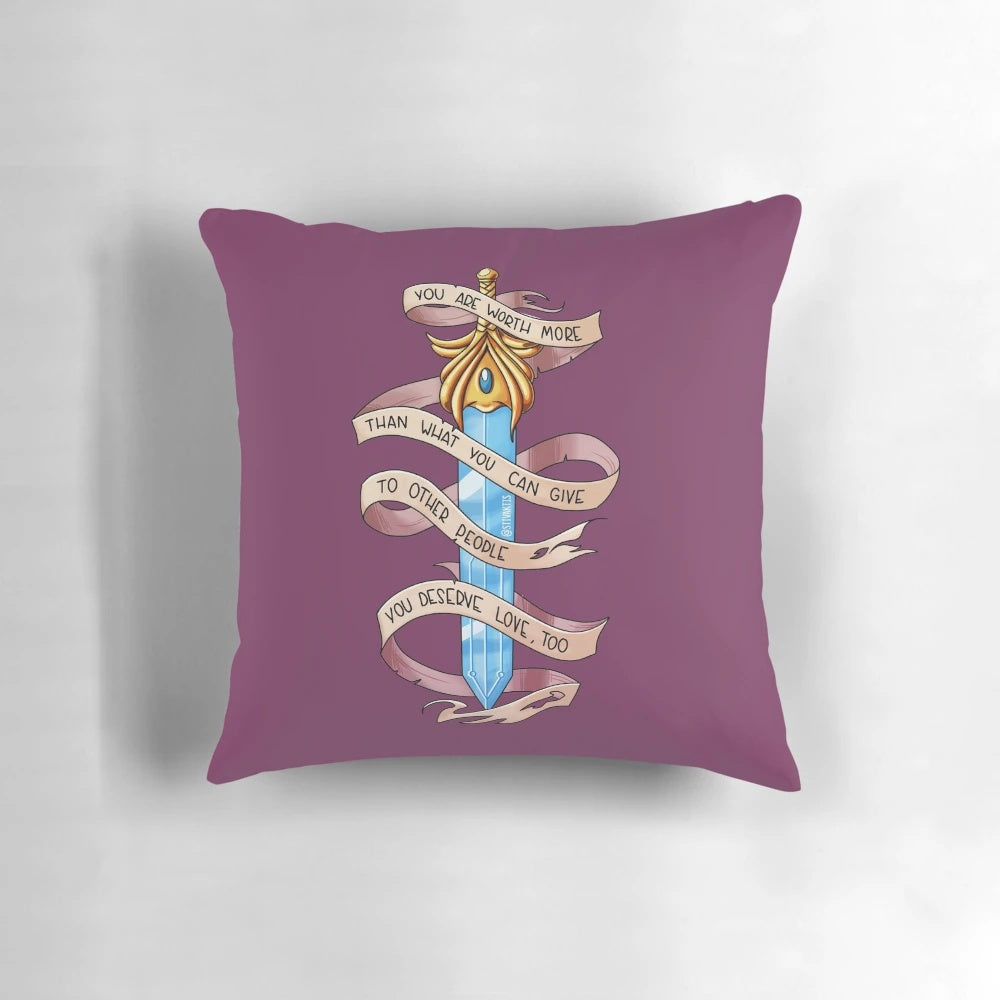 A colorful 'She-Ra' inspired pillow with a positive, self-love message