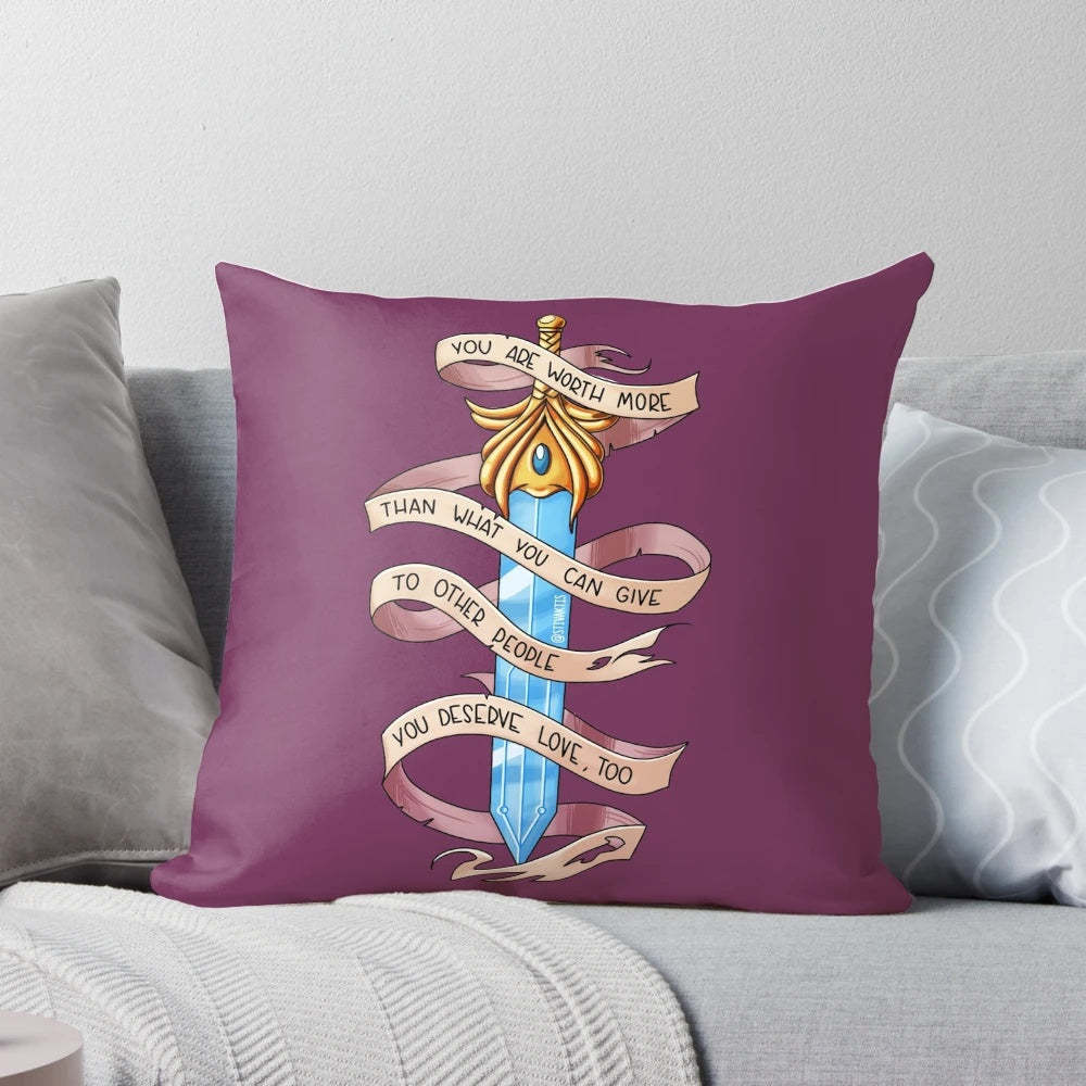 A colorful 'She-Ra' inspired pillow with a positive, self-love message