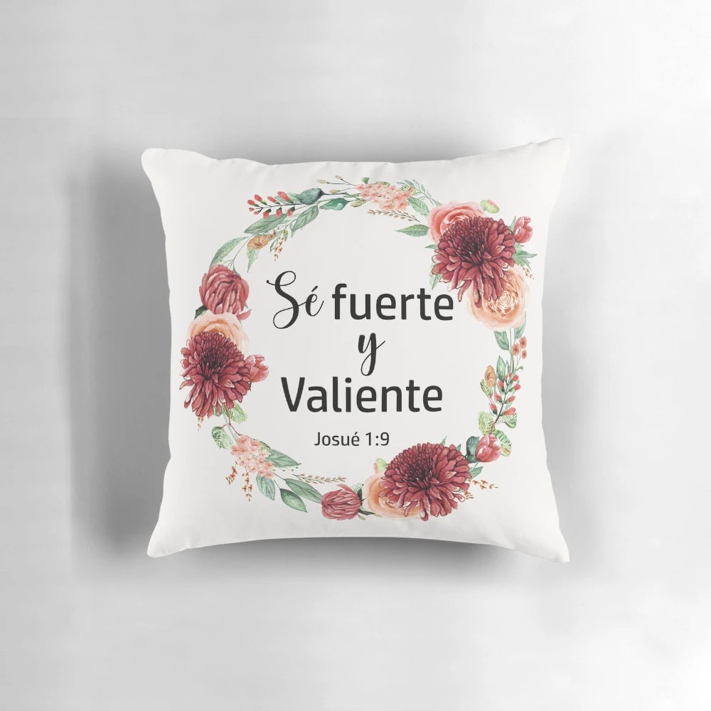 Spanish Bible Verse Pillow with Calligraphic Design of Joshua 1:9 in Spanish