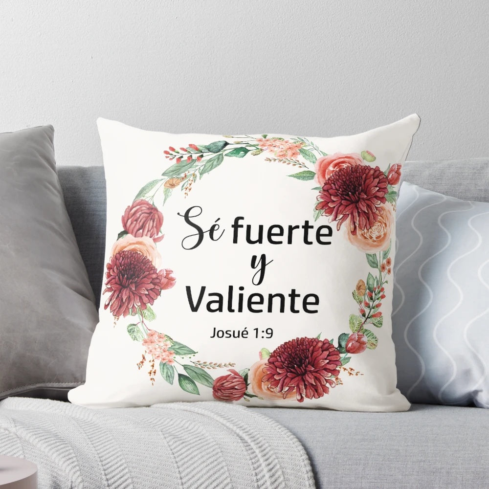 Spanish Bible Verse Pillow with Calligraphic Design of Joshua 1:9 in Spanish