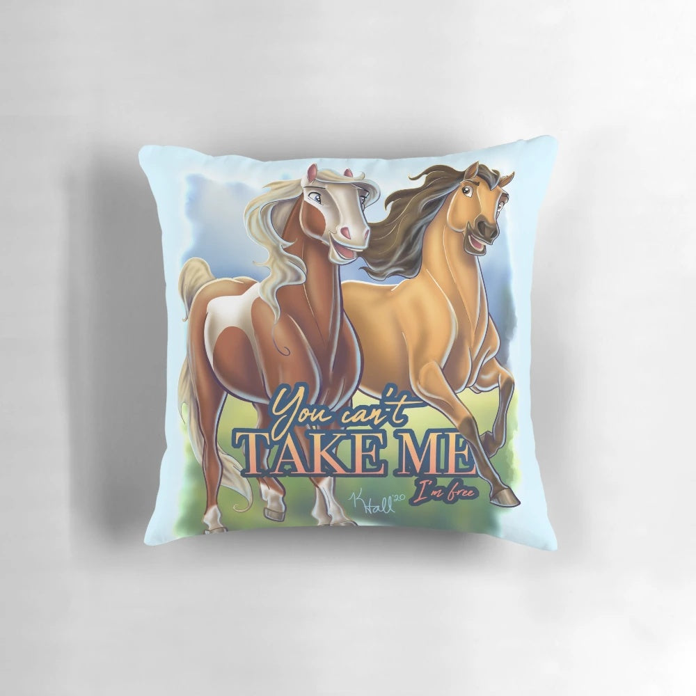 Vibrant 'Spirit Stallion' themed pillow with the quote 'You Can't Take Me
