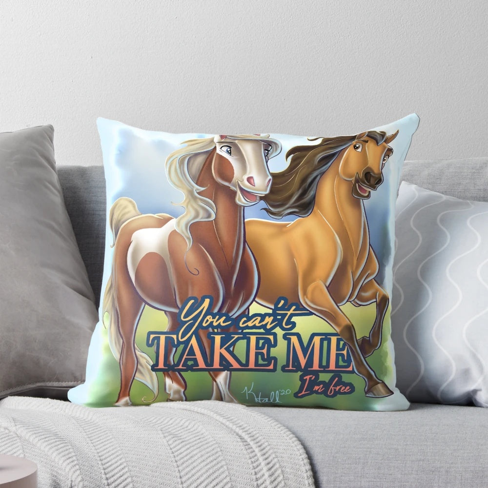 Vibrant 'Spirit Stallion' themed pillow with the quote 'You Can't Take Me