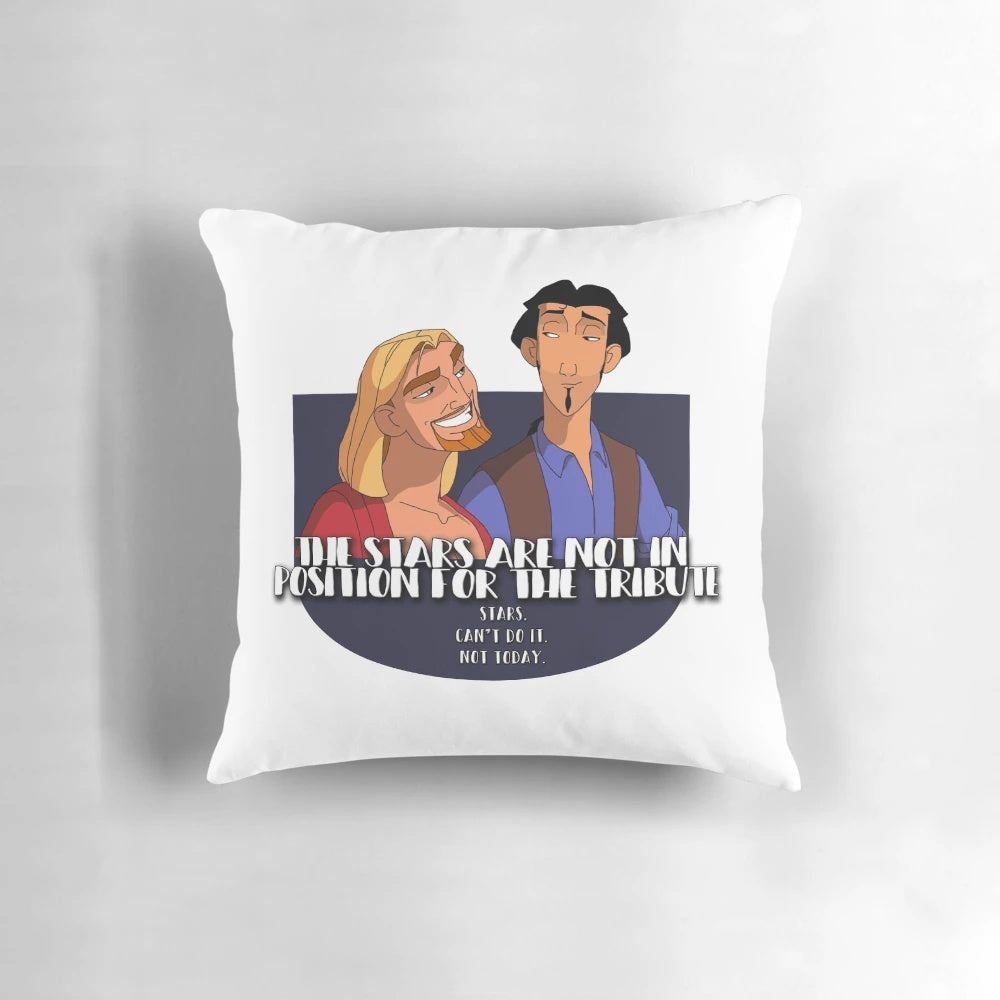 Decorative pillow featuring a quote from the animated film The Road to El Dorado with a starry night sky design.