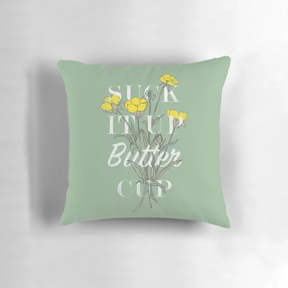 Vintage-inspired "Suck It Up Buttercup" throw pillow with a mint green and floral design, perfect for southern-inspired home decor.