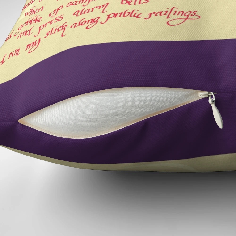 Decorative pillow featuring the poem 'When I Am An Old Woman I Shall Wear Purple' with calligraphy artwork