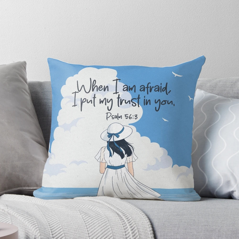 Girl and ocean 'When I Am Afraid' Psalm 56:3 Bible verse pillow for Jehovah's Witnesses