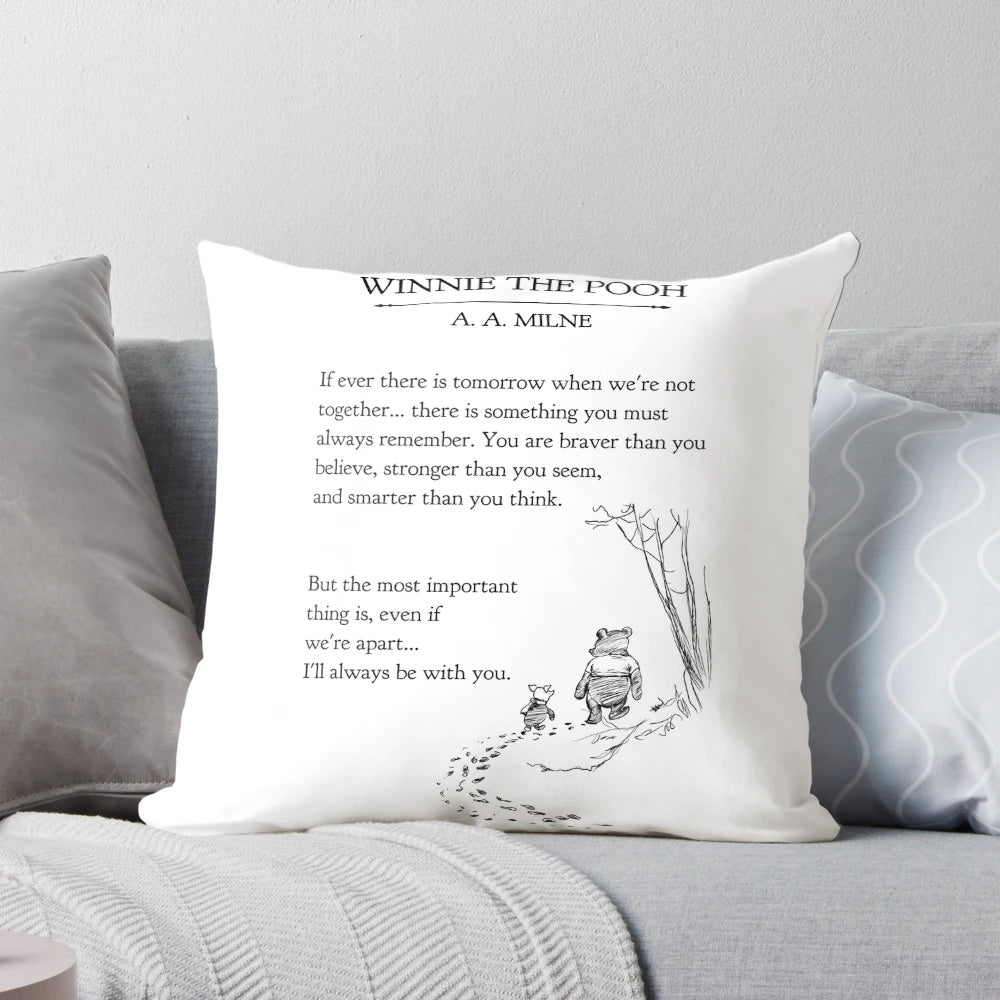 Winnie the Pooh quote pillow featuring a vintage book page with the phrase "if ever a tomorrow will be more brave than you believe, more smart than you think, and more loved than you know."