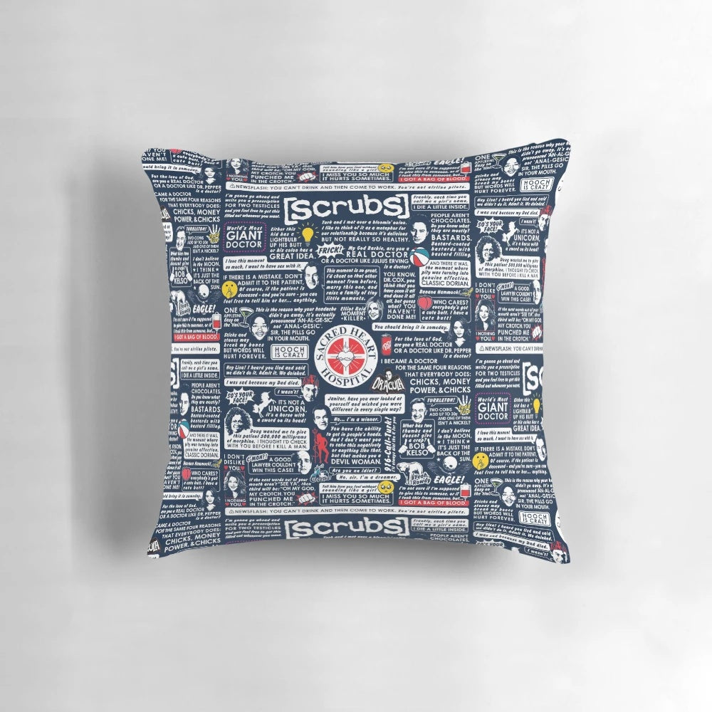 "Wise Words of Scrubs" inspirational pillow featuring characters from the popular comedy TV series Scrubs