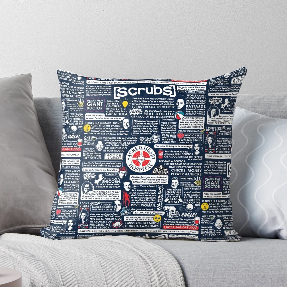 "Wise Words of Scrubs" inspirational pillow featuring characters from the popular comedy TV series Scrubs