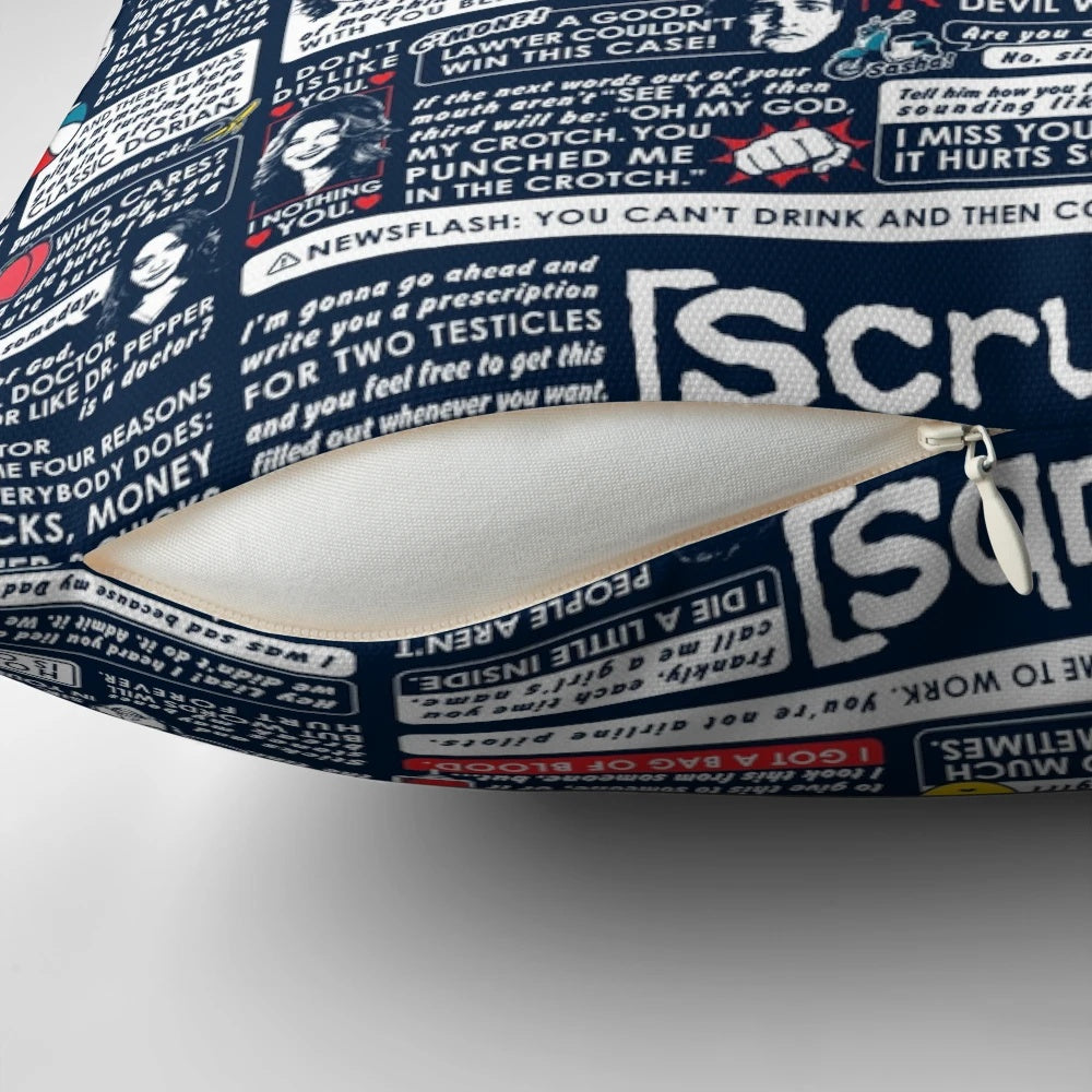 "Wise Words of Scrubs" inspirational pillow featuring characters from the popular comedy TV series Scrubs