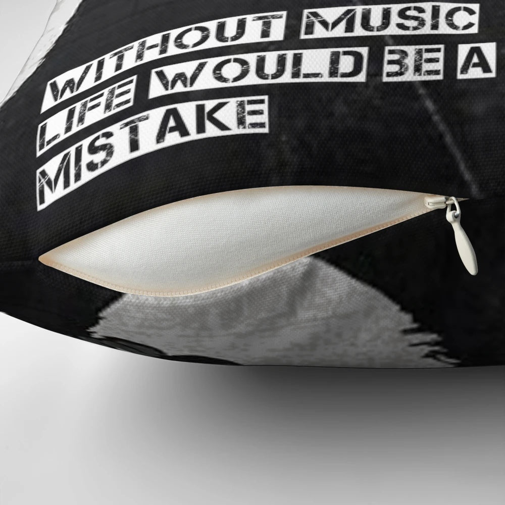 Decorative throw pillow featuring a Banksy-inspired "Without Music Life Would Be A Mistake" street art design