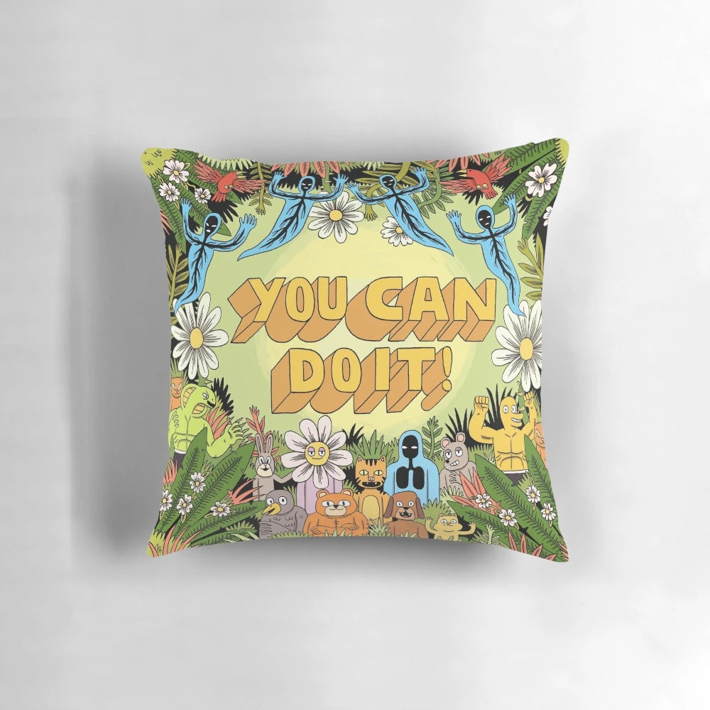 An uplifting "You Can Do It!" motivational pillow with playful animal illustrations to encourage and inspire.