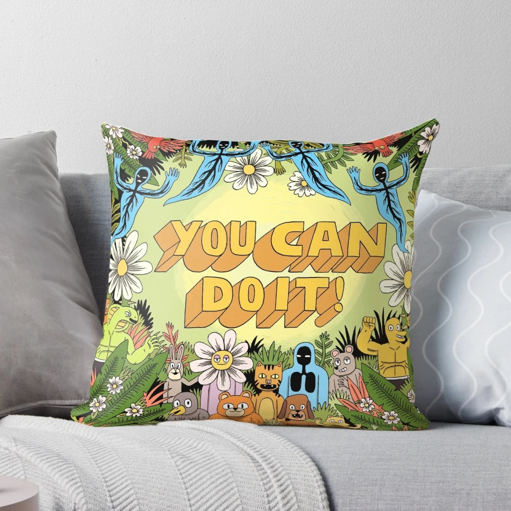 An uplifting "You Can Do It!" motivational pillow with playful animal illustrations to encourage and inspire.
