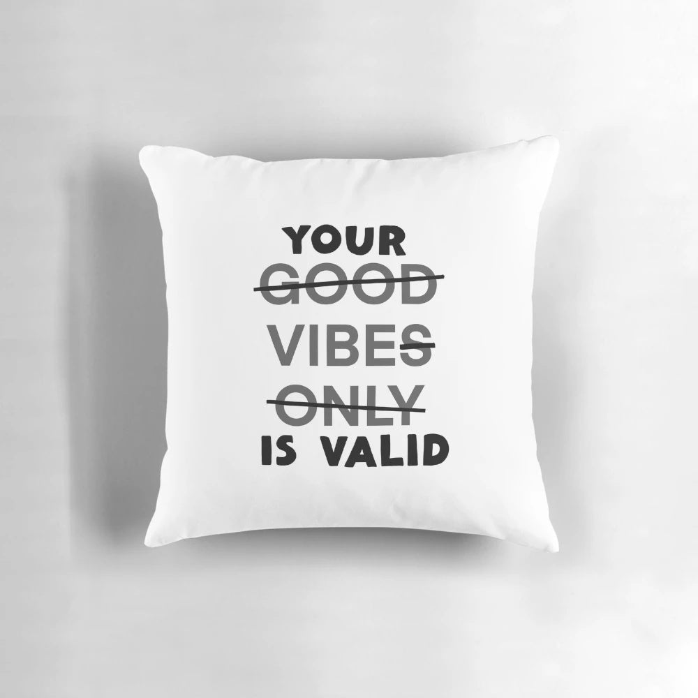 Inspirational 'Your Vibe Is Valid' throw pillow with doodle design for mental health and self-care