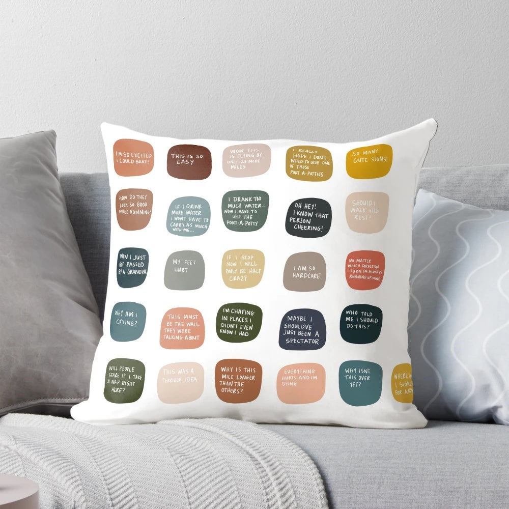 A pillow with the text "Thoughts while running a marathon..." on it.