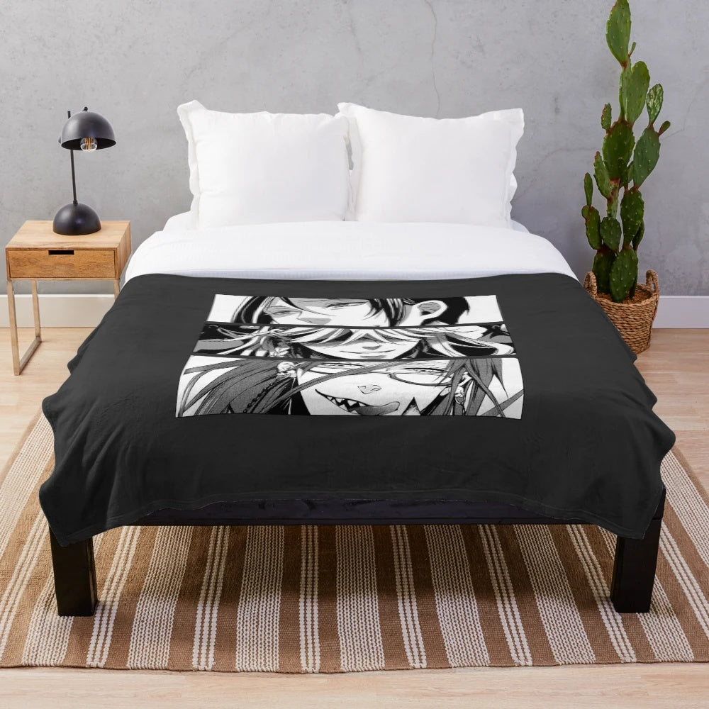 Black Butler inspired plush blanket featuring Sebastian Michaelis, the demon butler