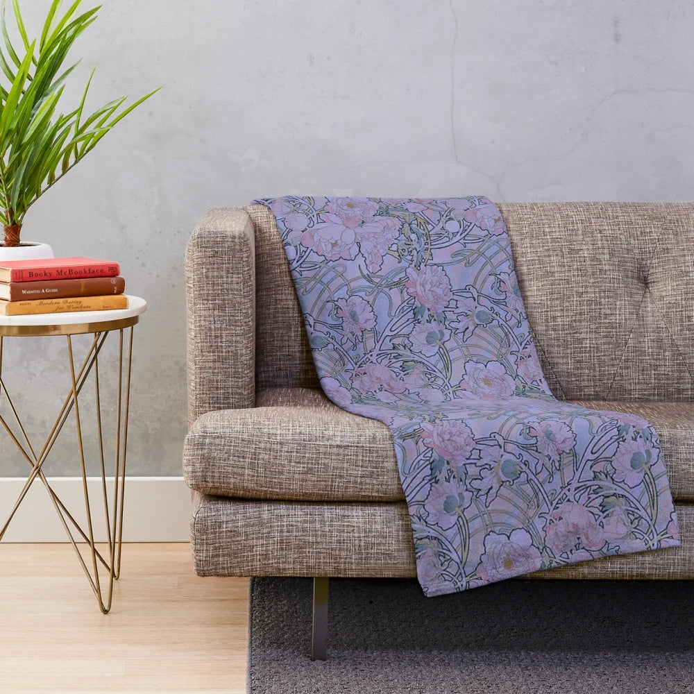 Plush blanket featuring Alphonse Mucha's art nouveau floral design