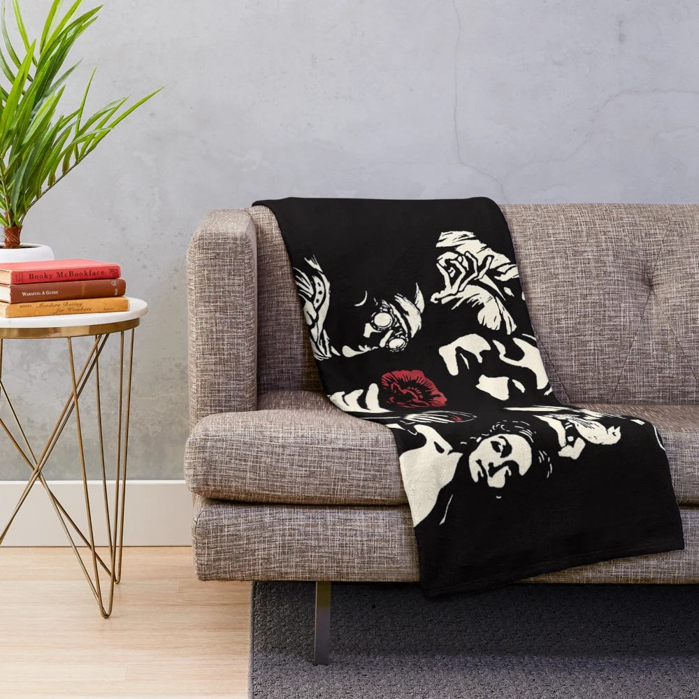 Hadestown-inspired plush blanket featuring key characters and symbols from the acclaimed musical