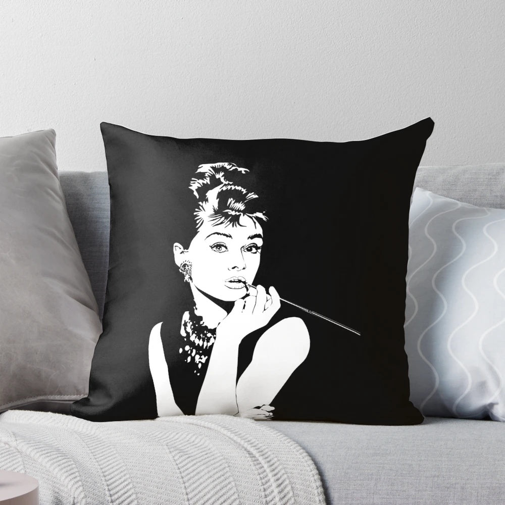 Breakfast at Tiffany's-inspired decorative pillow featuring Audrey Hepburn's iconic character Holly Golightly