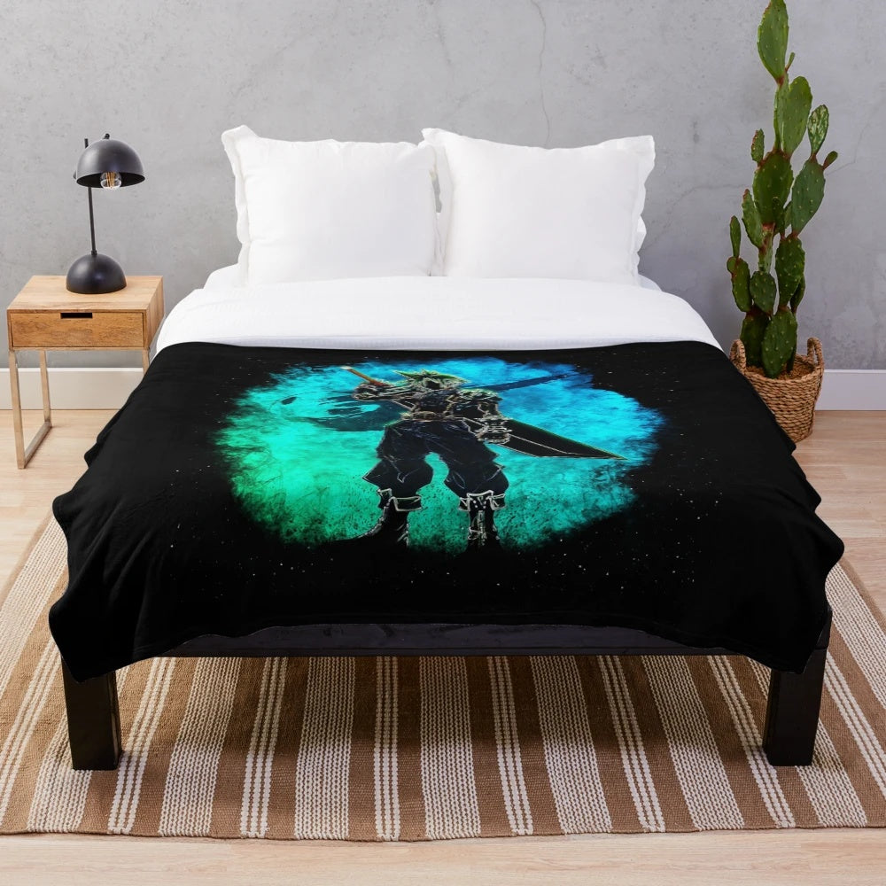 Cloud Strife silhouette plush blanket for Final Fantasy enthusiasts