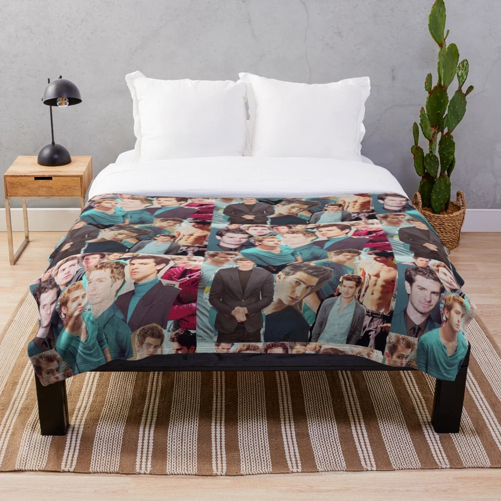Andrew Garfield inspired collage design on a plush blanket