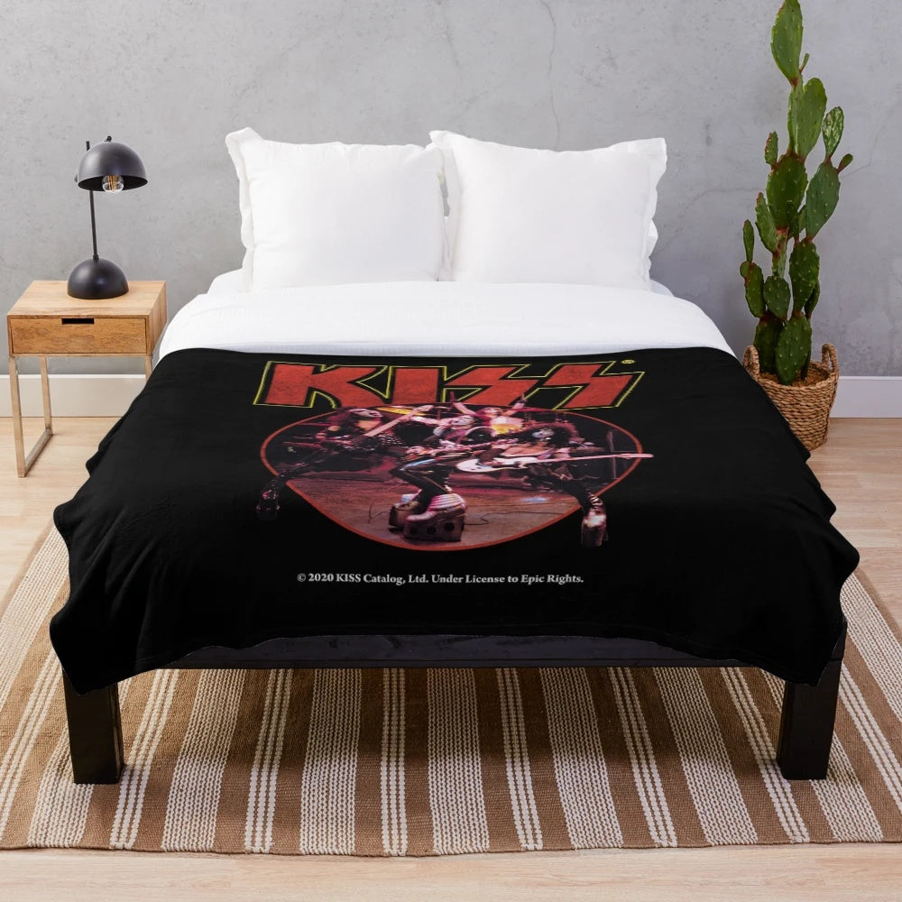 Inspired KISS band plush blanket featuring the iconic KISS characters