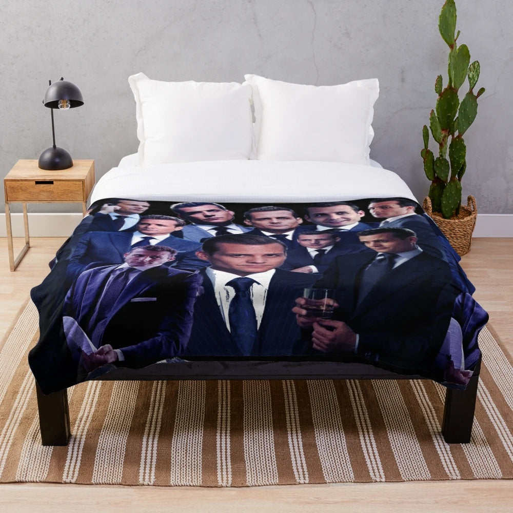 Plush blanket with a collage design featuring characters from the TV series Suits