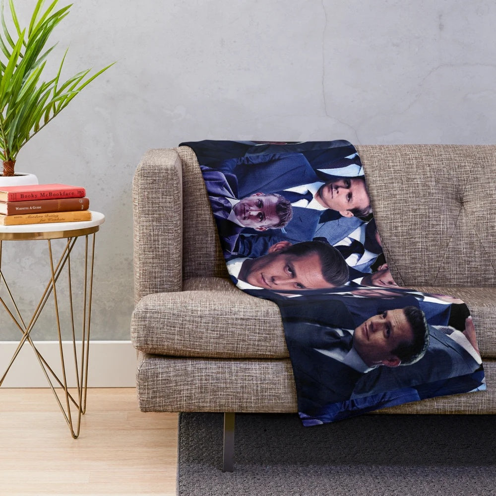 Plush blanket with a collage design featuring characters from the TV series Suits