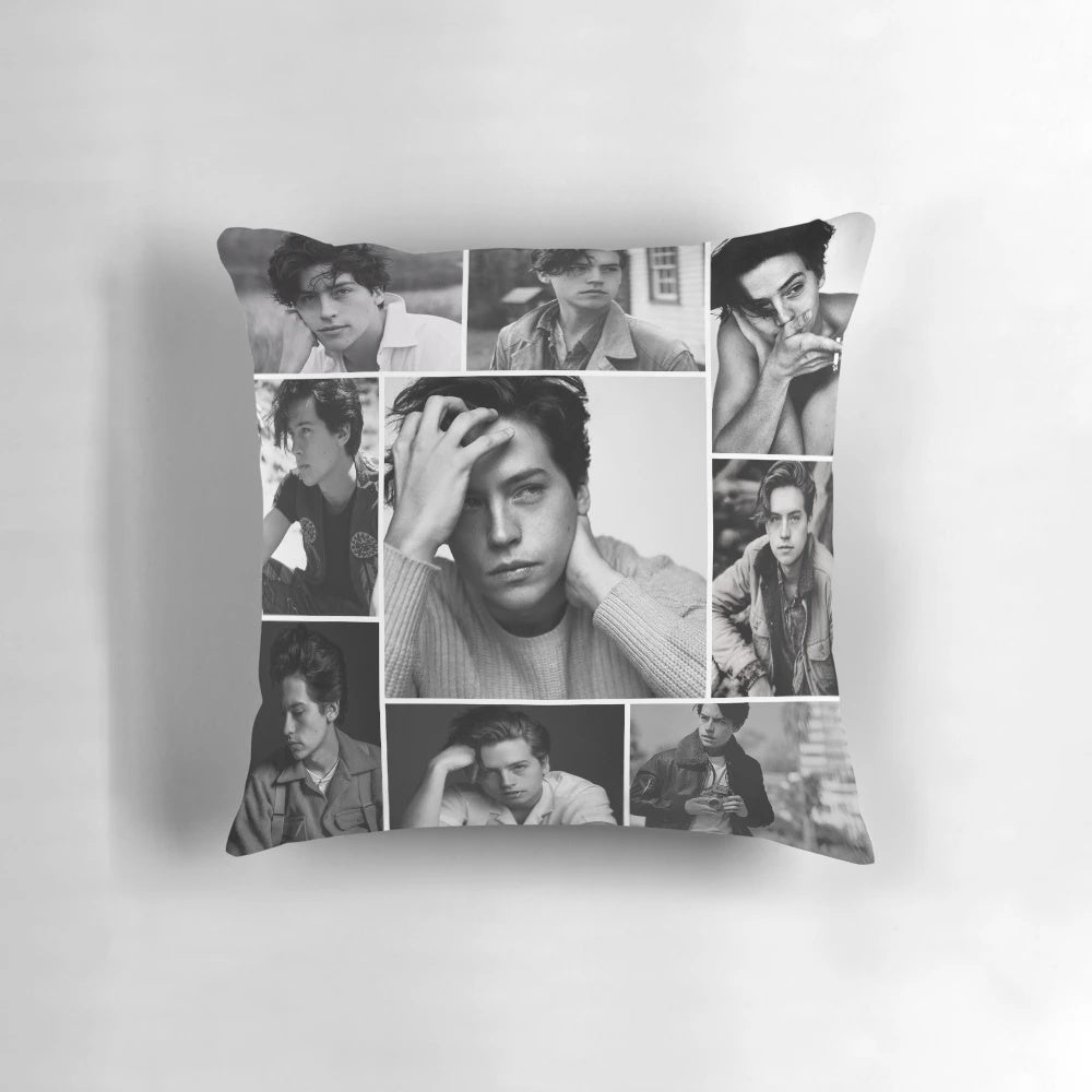Black and white decorative pillow featuring Cole Sprouse's Riverdale character Jughead Jones