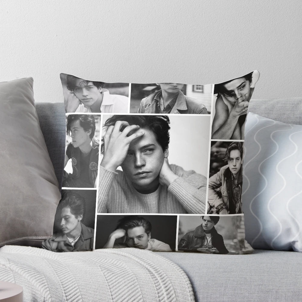 Black and white decorative pillow featuring Cole Sprouse's Riverdale character Jughead Jones