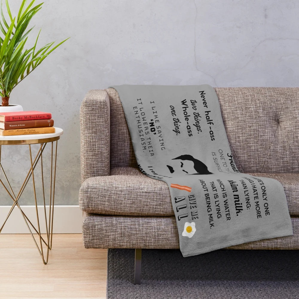 Plush blanket featuring Ron Swanson quotes from the TV show Parks and Recreation