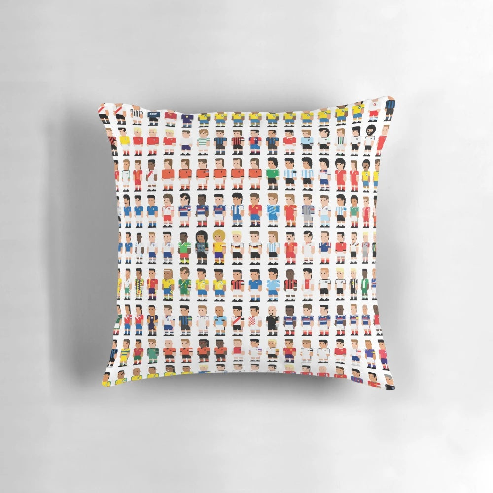 Stylish soccer-themed pillow featuring legendary players and minimal design
