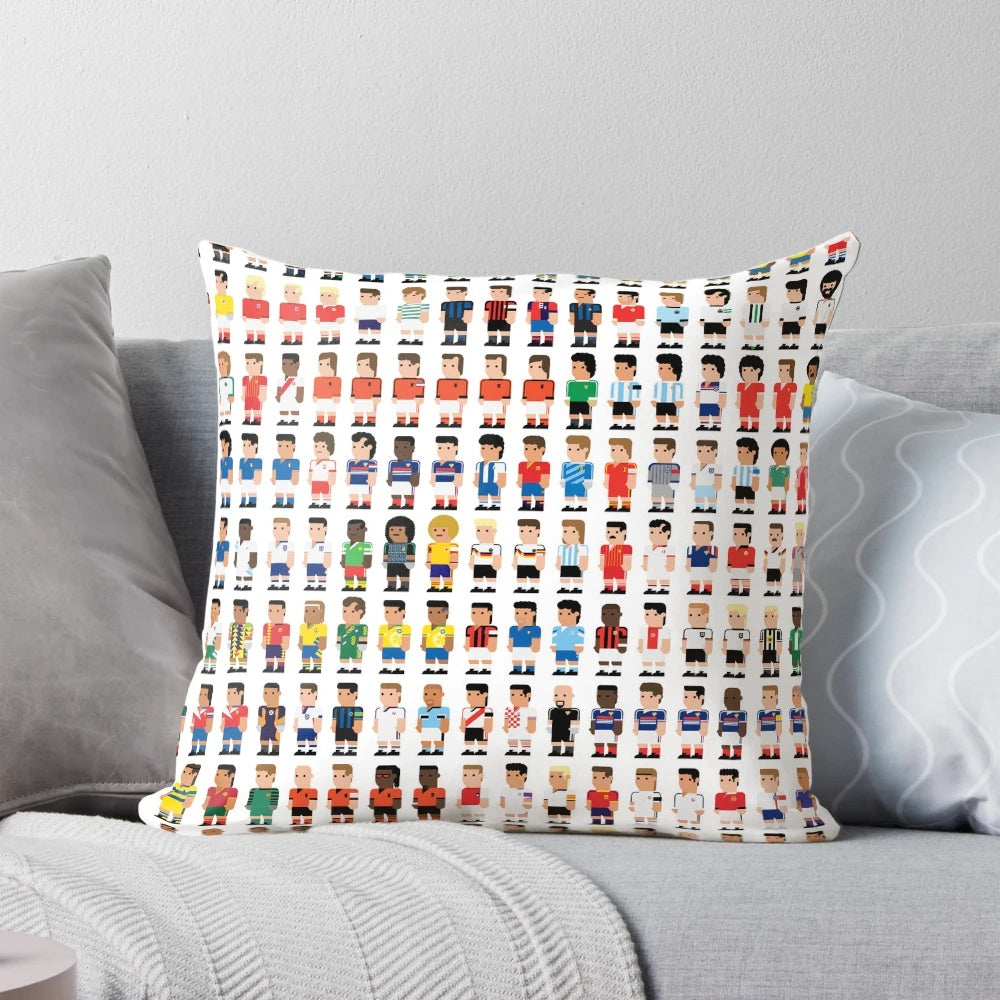Stylish soccer-themed pillow featuring legendary players and minimal design
